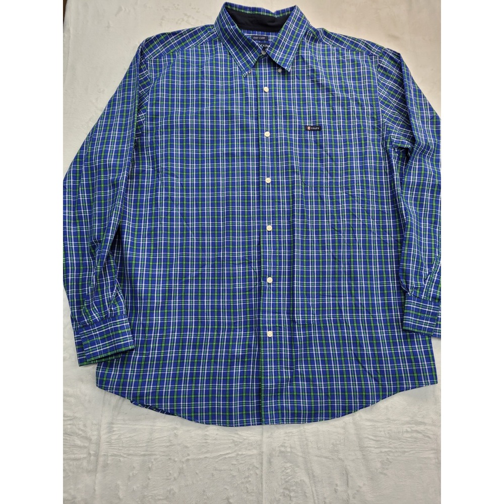 Chaps Button Down Shirt Mens XXL Blue Green Plaid Long Sleeve Easy Care